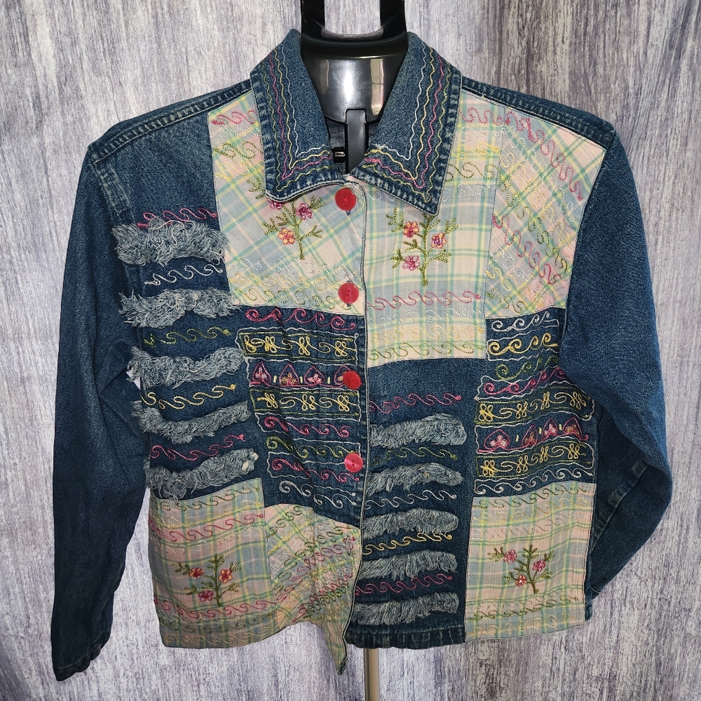 Vintage Keren Hart Patchwork‎ Embroidered Denim Jacket Grandmacore Small